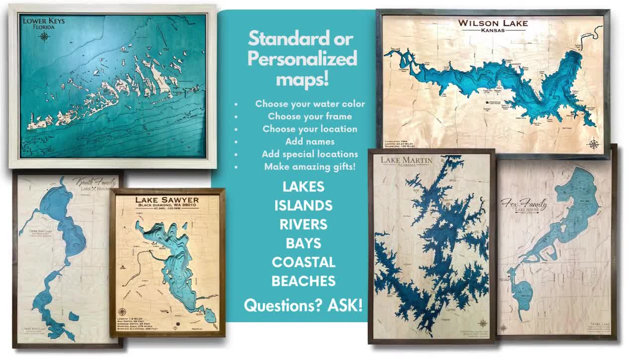 Great central lake, British Columbia (choose your design) Custom Wood Map, Lake House Decor, Lake Map, Wood Lake Map, cheapest Custom lake map, Depth